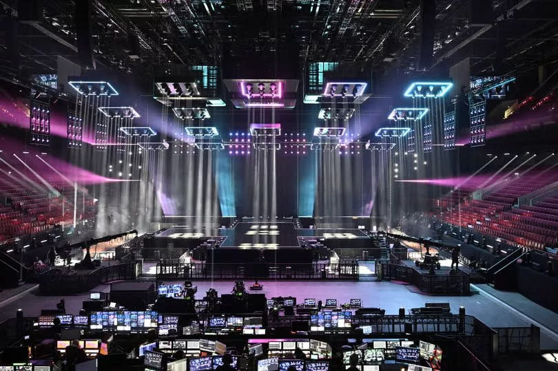 The completed Eurovision stage at Malmo Arena