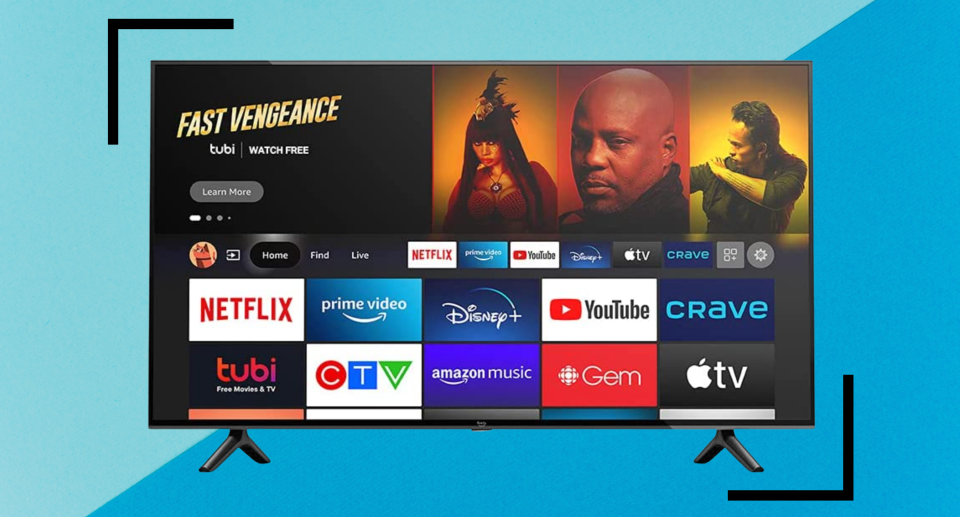 amazon prime day deal, amazon fire tv on blue diagonal background, early amazon prime day deal, TV deal amazon canada