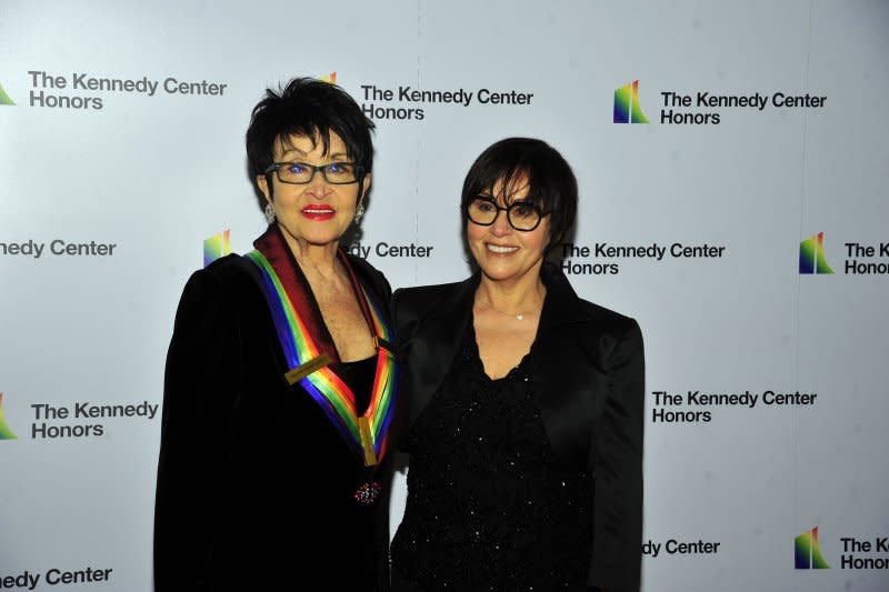 Lisa Mordente (R), daughter of Chita Rivera (L) announced her mother's death to the press. File Photo by Ron Sachs/UPI