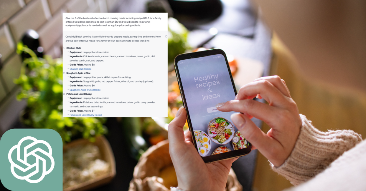 Top-view of a woman holding a smartphone with a recipes app opened over blurred ingredients in a kitchen with ChatGPT logo and screenshot of ChatGPT recipe question, sunlight coming in from right side