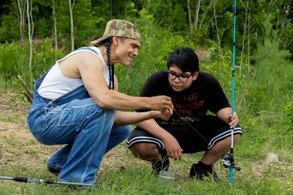 From left, Zahn McClarnon plays Big and Oklahoma actor Lane Factor as Cheese on "Reservation Dogs" Season 3, Episode 6, titled“Frankfurter Sandwich."