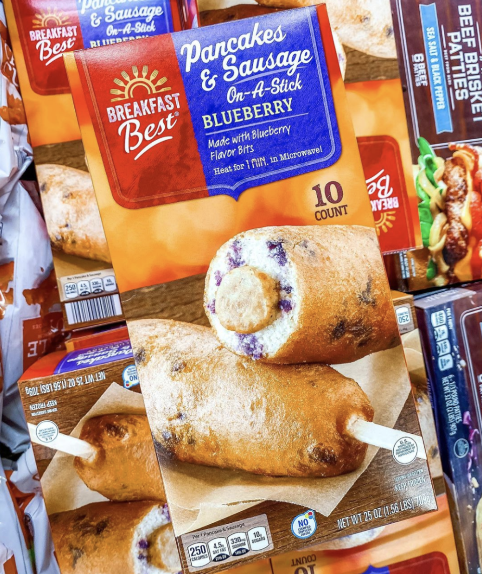 <p>This may be the easiest and most portable way to get your breakfast fix in. Each blueberry pancake wrapped sausage on a stick only needs to be microwaved for one minute. Say goodbye to not having time for breakfast in the morning! Plus, these would especially come in handy on mornings you're feeling too lazy to cook.</p>