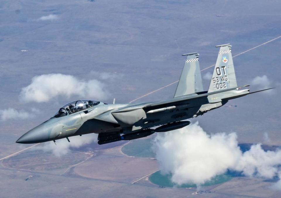 A F-15EX Eagle II assigned to a test squadron in Florida positions itself for mid-air refueling during flight testing in October 2021.