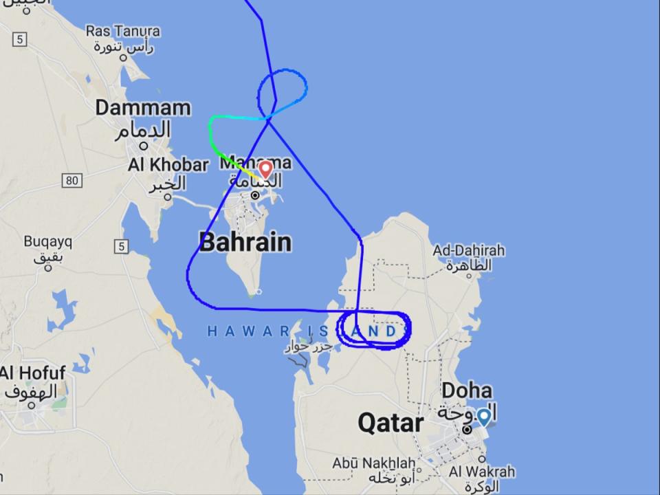 Going places? Flightpath of British Airways BA2033 from London Gatwick to Doha, which diverted to Bahrain after a storm prevented it from landing at the Qatar hub (Flightradar24)