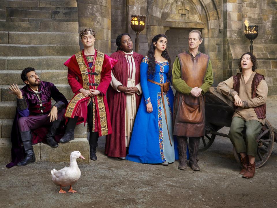 The cast of Warner TV's Miracle Workers: Dark Ages: (L-R) Karan Soni (Lord Chris Vexler), Daniel Radcliffe (Prince Chauncley), Lolly Adefope (Maggie), Geraldine Viswanathan (Alexandra Shitshoveler), Steve Buscemi (Edward Shitshoveler), and Jon Bass (Mikey Shitshoveler). (Photo: Warner TV)