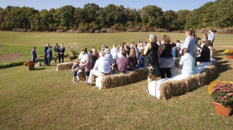 Friends and family gathered at a farm in rural Pennsylvania to watch the pair tie the knot. Source: Supplied