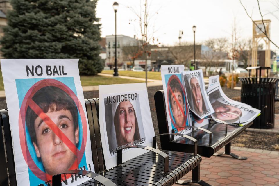 Posters outside the Somerset County Courthouse during the detention hearing for David Shroitman, charged with the murder of Maryrose Fealey.