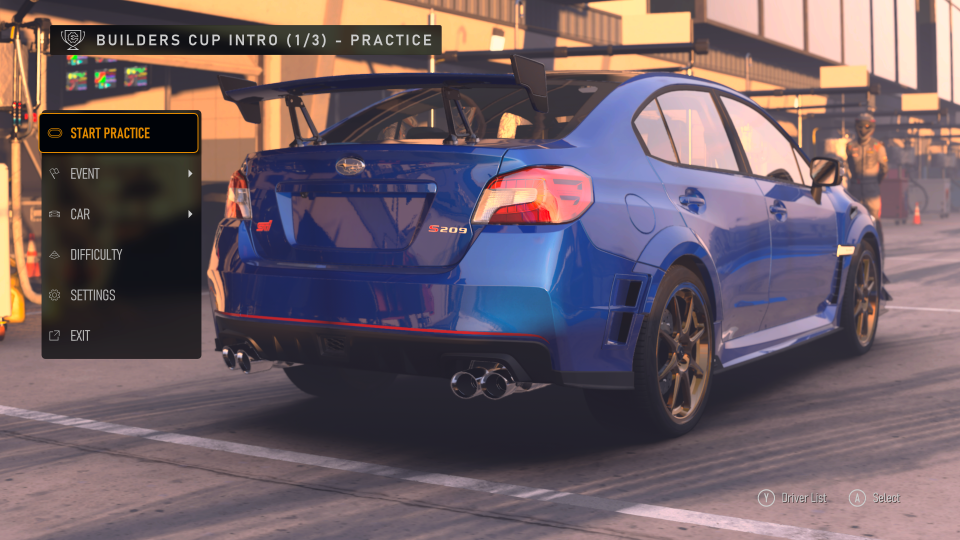 A photo taken in Forza Motorsport (2023) showing the pre-race menu containing a Subaru WRX STI S209.