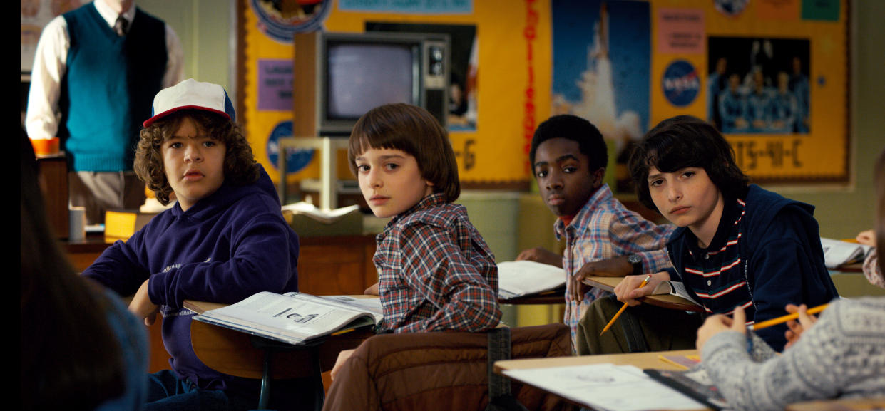 A scene from Season 2 of <em>Stranger Things</em>. From left: Gaten Matarazzo, Noah Schnapp, Caleb McLaughlin, and Finn Wolfhard. (Photo: Netflix/Courtesy of Everett Collection)