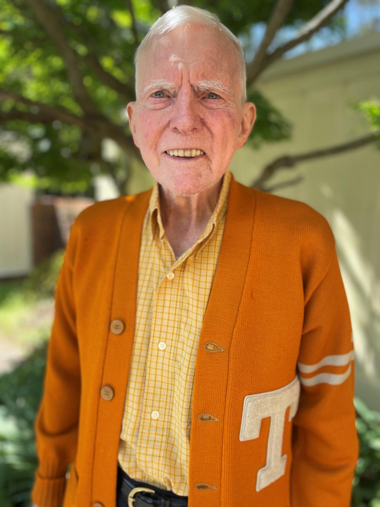 98-year-old former UT baseball player Jim Worthington wears his letter sweater. He played three seasons for the Vols in the late 1940s.