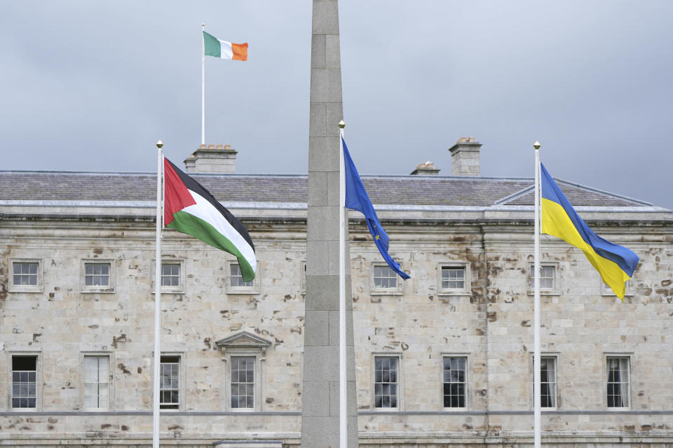 The Palestinian flag flies outside Leinster House, Dublin, following the decision by the Government to formally recognise the Palestinian state, Tuesday May 28, 2024. (Niall Carson/PA via AP)