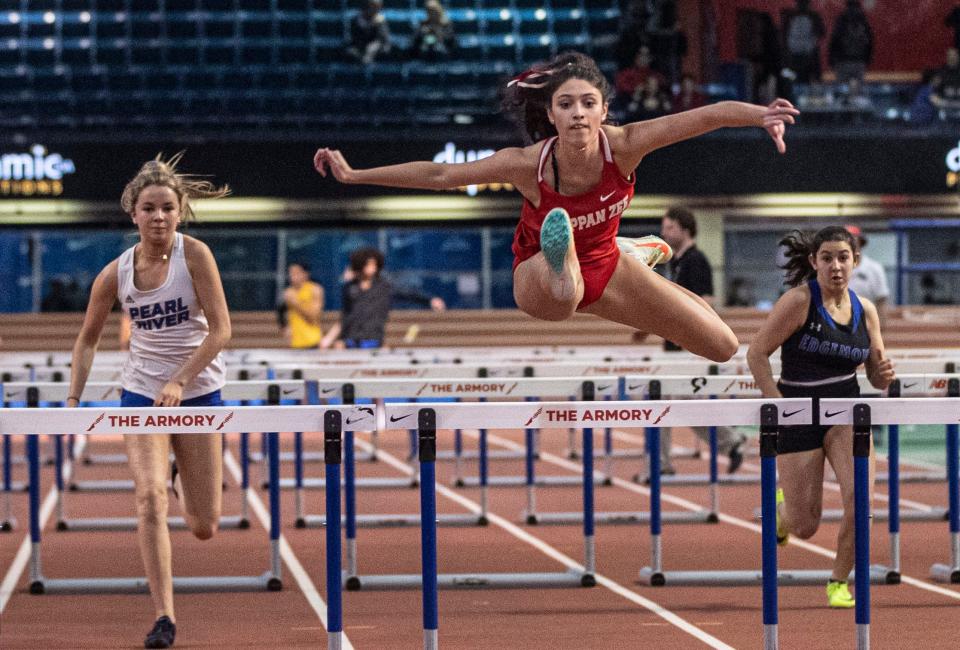 Pilar Fernandez of Tappan Zee won her heat in the 55 meter hurdles during the Section 1 Class B track and field championships at The Armory in Manhattan Feb. 4, 2024. Fernandez went on to finish first in the finals of the event.