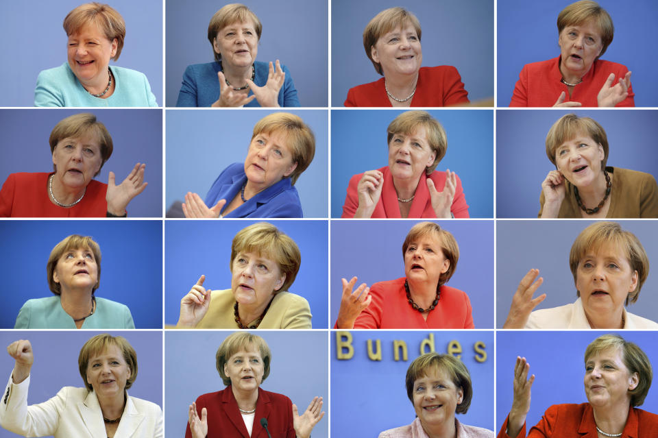 FILE - This picture combo released on Thursday, July 22, 2021, shows German Chancellor Angela Merkel speaking during her traditional summer press conference in Berlin, from top left to bottom right, 2021 to 2006. (dpa via AP, File)