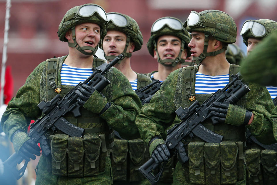 FILE - In this May 9, 2021, file photo, Russian paratroopers march the Victory Day military parade in Red Square in Moscow, Russia, marking the 76th anniversary of the end of World War II in Europe. Earlier this year, Russia bolstered its forces near Ukraine and warned Kyiv that it could intervene militarily if Ukrainian authorities try to retake the rebel-controlled east. Moscow also has bristled at NATO’s joint drills with Ukraine, saying they reflect the alliance’s aggressive intentions. (AP Photo/Alexander Zemlianichenko, File)