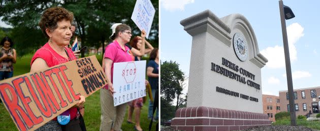 Tina Bernstein (left) and a group of women from New York are at the Texas-Mexico border stop at the Berks Immigration Center (right) on July 31, 2018, to protest the detention of families. 