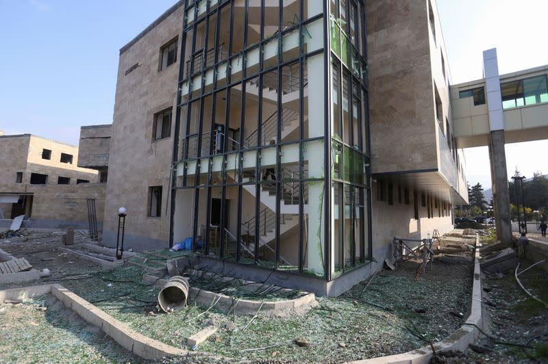 A view shows a damaged medical centre following recent shelling in Stepanakert