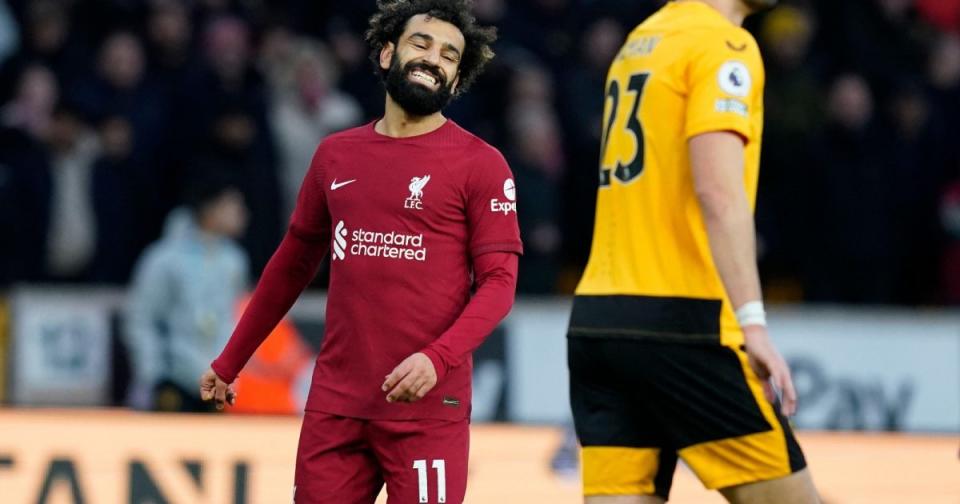 Liverpool forward Mo Salah reacts after missing a chance during the defeat to Wolves. Credit: Alamy