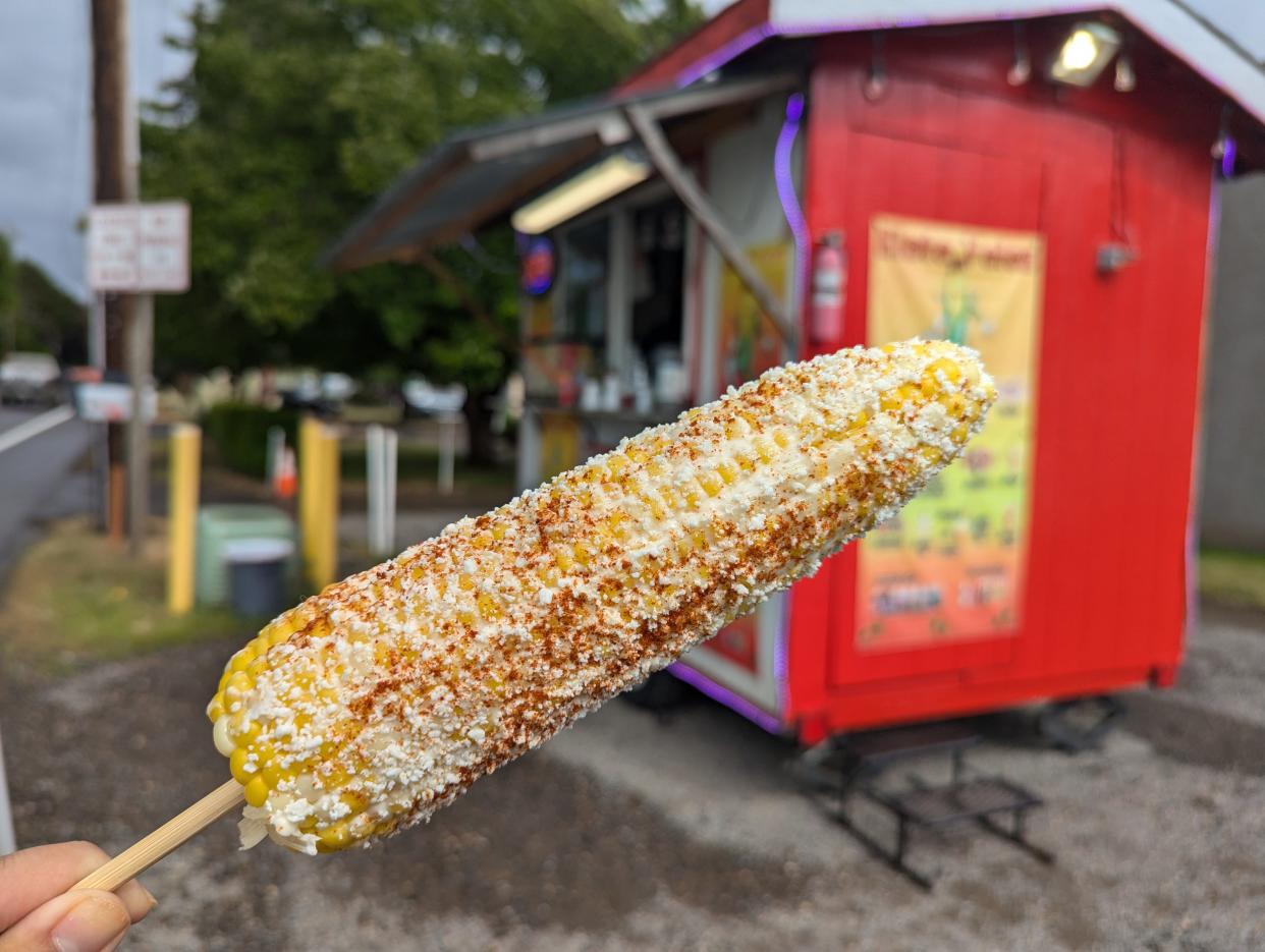 Elote from Elote Veloz. The seasonal summer food is steamed corn cob coated in mayonnaise, cotija cheese, chili and lime.