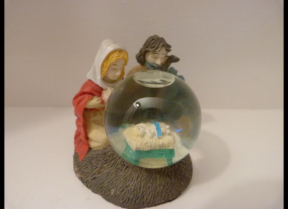 Oestreicher is particularly amused by this snow globe nativity, mainly because of the way Mary and Joseph are looking at their child through a fishbowl.