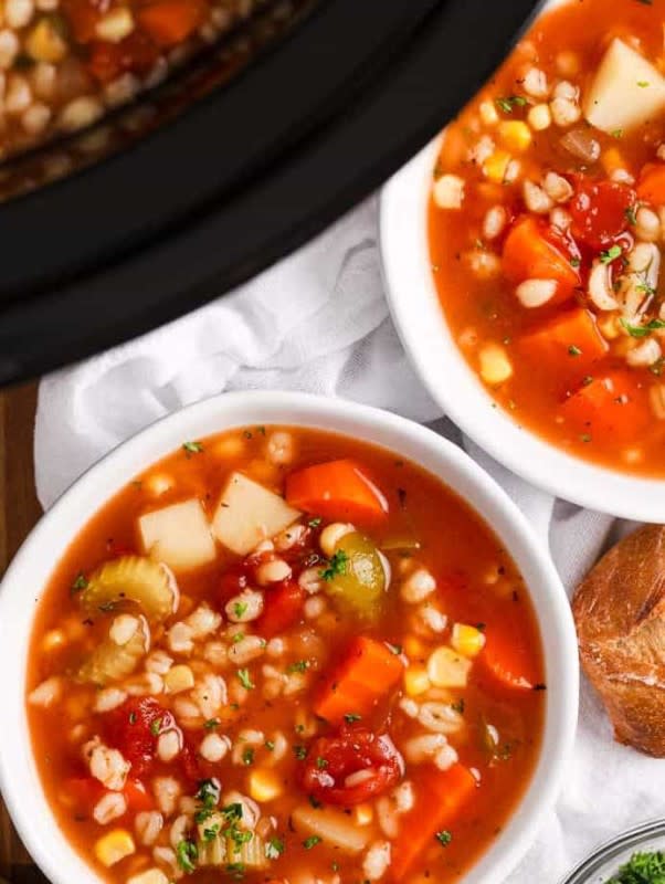 <p>Spend With Pennies</p><p>Slow cooker veggie soup will ruin you for stovetop veggie soup. This one is thick, hearty, and jam-packed with fresh veggies in a flavorful broth!</p><p><strong>Get the recipe: <a href="https://www.spendwithpennies.com/vegetable-barley-soup/" rel="nofollow noopener" target="_blank" data-ylk="slk:Vegetable Barley Soup;elm:context_link;itc:0;sec:content-canvas" class="link rapid-noclick-resp">Vegetable Barley Soup</a></strong></p>