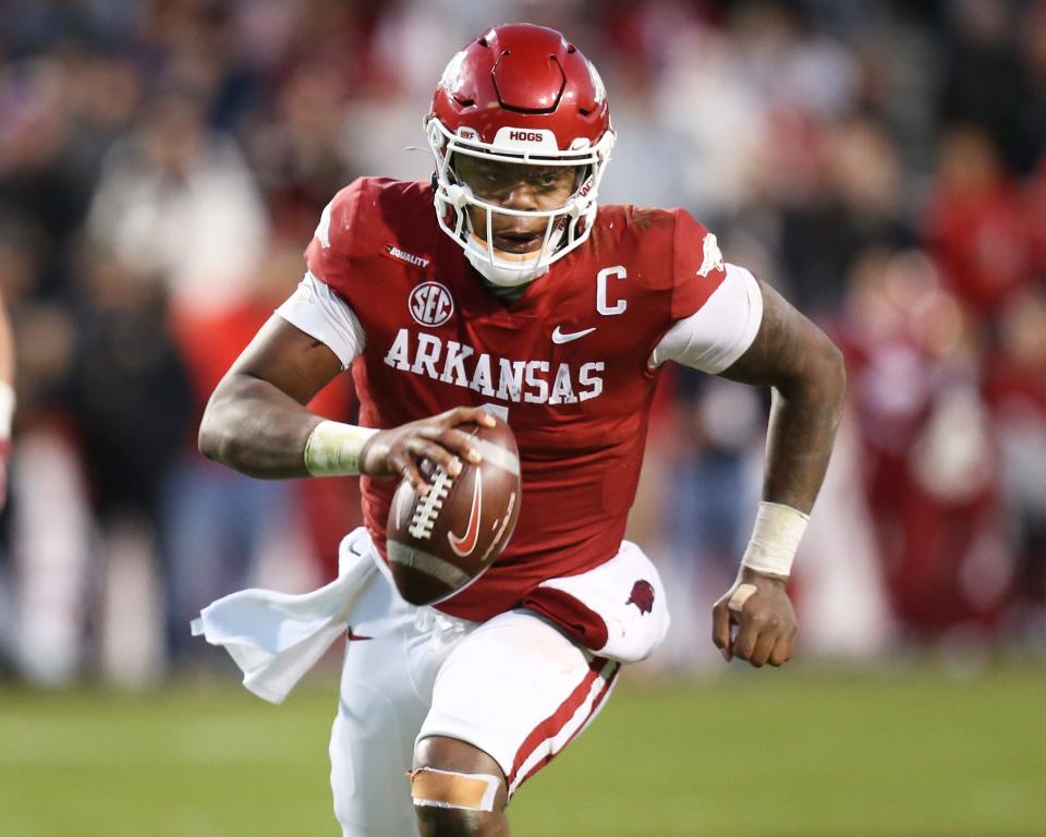 Arkansas quarterback KJ Jefferson runs with the ball during the second half against Missouri.