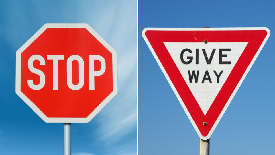 A stop sign and a give way sign