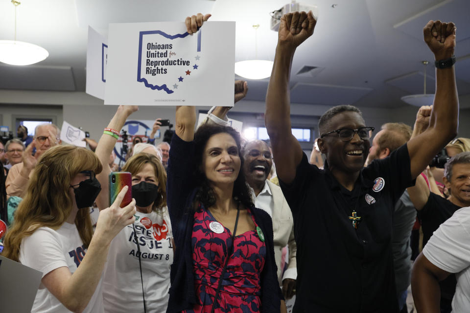 People celebrate the defeat of Issue 1 during a watch party Tuesday, Aug. 8, 2023, in Columbus, Ohio. Ohio voters have resoundingly rejected a Republican-backed measure that would have made it more difficult to pass abortion protections. (AP Photo/Jay LaPrete)