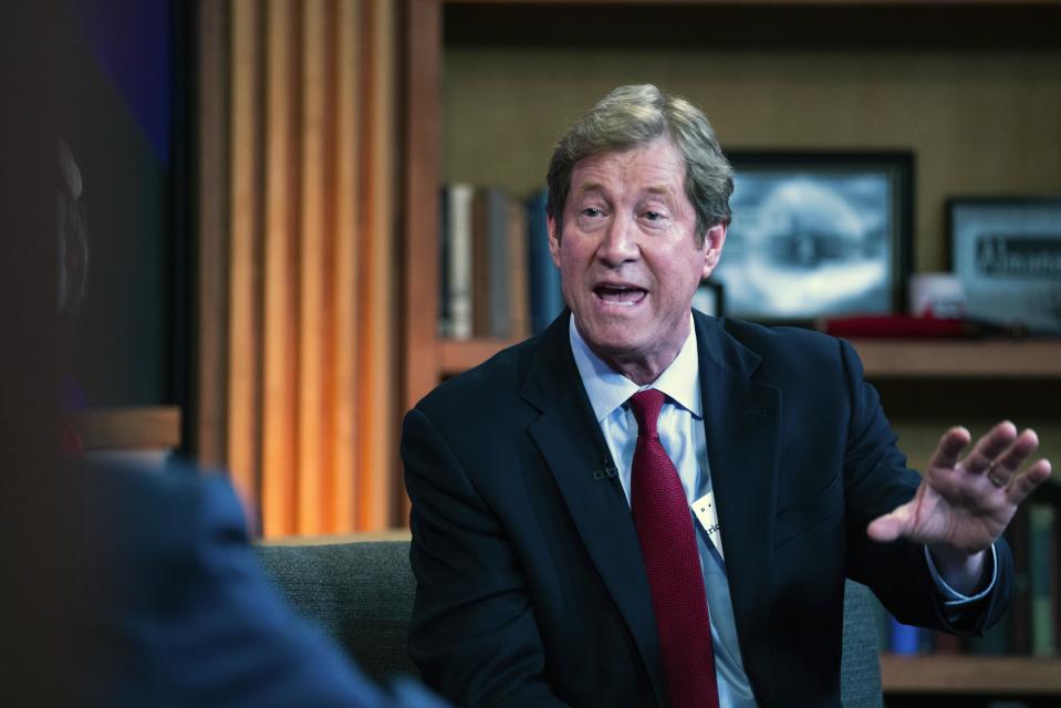 FILE - In this Oct. 19. 2018, file photo, Republican U.S. Rep. Jason Lewis, right, and Democratic challenger Angie Craig debate on the Almanac at the TPT studios in St. Paul, Minn. Lewis is kicking off a Minnesota Senate bid with a video that attacks freshman Rep. Ilhan Omar and the so-called "resistance" to President Donald Trump. Lewis, a former conservative talk show host who lost his House re-election bid in 2018, announced his campaign in a video posted on YouTube. (Mark Vancleave/Star Tribune via AP, File)