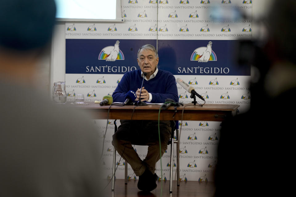 Mario Marazziti, in charge of Sant' Egidio's death penalty advocacy group talks to reporters during a press conference in Rome, Tuesday, Jan. 23, 2024. The Vatican-affiliated Sant' Egidio Community, which has lobbied for decades to abolish the death penalty around the world, turned its attention to the scheduled Thursday, Jan. 25 execution of Kenneth Eugene Smith in what would be the first U.S. execution using nitrogen hypoxia. (AP Photo/Andrew Medichini)