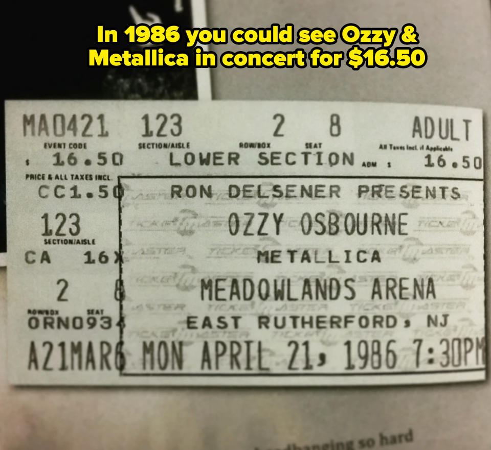 A concert ticket for Ozzy Osbourne and Metallica at Meadowlands Arena, East Rutherford, NJ, on Monday, April 21, 1986, at 7:30 PM. Ticket price: $16.50