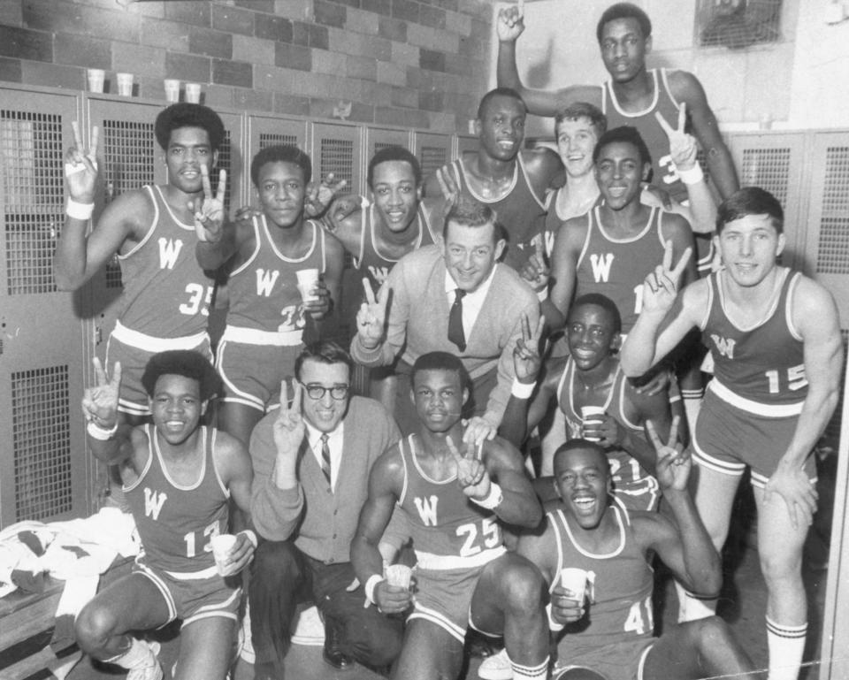 1969 Washington Continentals: Front row, left to right: Harvey Galbreath, Assistant Coach Basil Sfreddo, Louie Day and Steve Stanfield; middle row, Coach Bill Green, Wayne ack and Alan Glaze; back row, Ken Carter, Abner Nibbs, George McGinnis, Steve Downing, James Arnold, James Riley and Kenneth Parks.