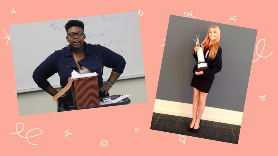 Nicole Nave in 2017 when she was a collegiate debater; Katie Hughes at Nationals in 2014. (Photo: Courtesy of Nicole Nave and Katie Hughes)