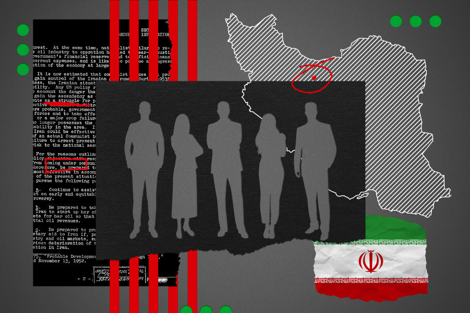 A montage with Iran flag, outline of the country, silhouettes of five people, redacted text