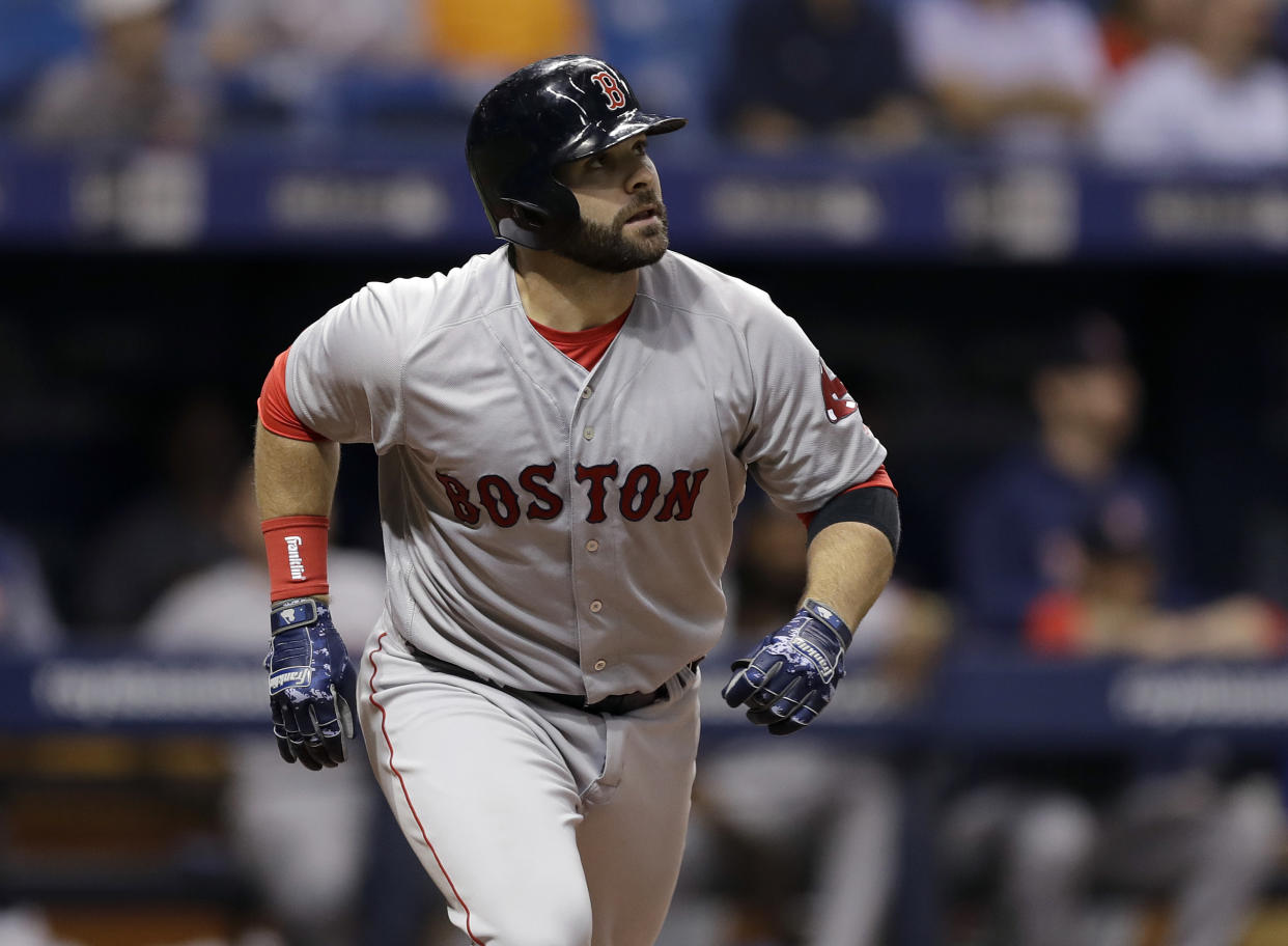 Boston Red Sox’s Mitch Moreland highlights this week’s look at fantasy baseball pickups (AP Photo).