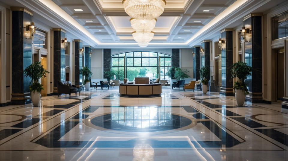 Empty lobby of a high-end hotel showcasing the modern, luxurious interior of the hotel chain.