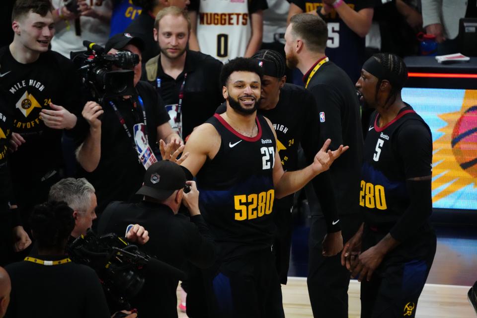 Jamal Murray reacts after his game-winning buzzer-beater against the Lakers.