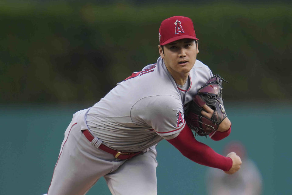 Los Angeles Angels pitcher Shohei Ohtani throws against the Detroit Tigers in the second inning of a baseball game in Detroit, Wednesday, Aug. 18, 2021. (AP Photo/Paul Sancya)