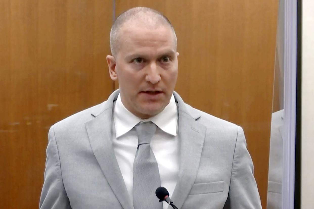 FILE - In this June 25 image taken from pool video, former Minneapolis police Officer Derek Chauvin addresses the court as Hennepin County Judge Peter Cahill presides over Chauvin's sentencing at the Hennepin County Courthouse in Minneapolis. 