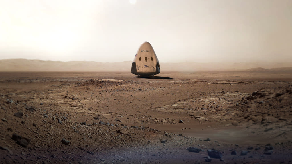 A SpaceX rendering of a Dragon spacecraft on the surface of Mars.