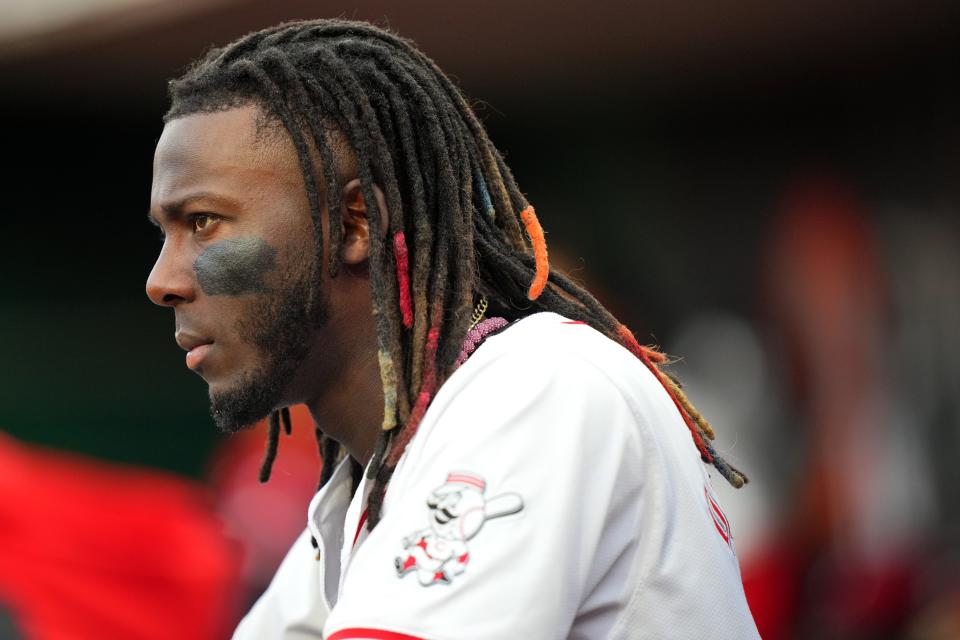 Cincinnati Reds shortstop Elly De La Cruz (44) watches play in the dugout in the third inning of a baseball game against the Philadelphia Phillies, Monday, April 22, 2024, at Great American Ball Park in Cincinnati.