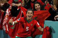Morocco's Nesryne El Chad celebrates with fans after the Women's World Cup Group H soccer match between Morocco and Colombia in Perth, Australia, Thursday, Aug. 3, 2023. (AP Photo/Gary Day)