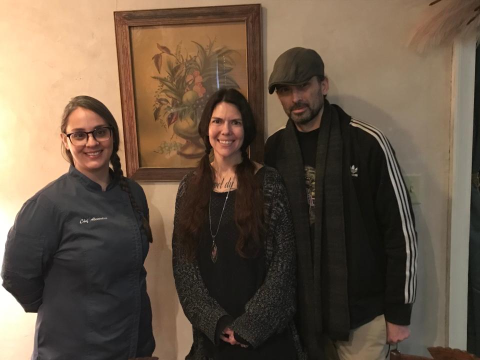 The Epochary Inn owners William Douglass and Elizabeth Herein (right to left) and the Ambridge inn's vegan chef Alexandria Kwolek, known on socials as "The Indigo Chef," pose at the inn.