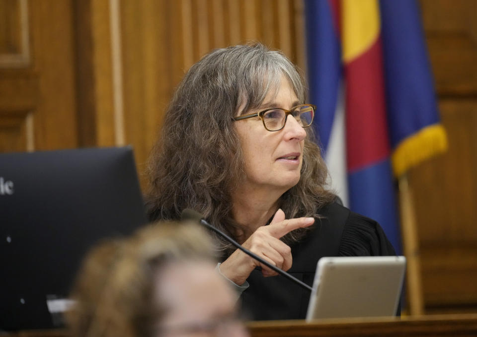 Judge Sarah B. Wallace speaks during a hearing for a lawsuit to keep former President Donald Trump off the state ballot in Denver District Court Thursday, Nov. 2, 2023, in Denver. (AP Photo/David Zalubowski, Pool)
