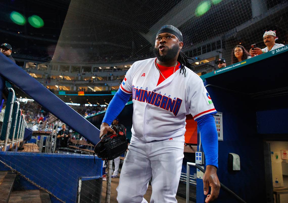 Dominican Republic pitcher Johnny Cueto (47) walks out the dugout before the start of a Pool D game against Puerto Rico at the World Baseball Classic at loanDepot Park on Wednesday, March 15, 2023, in Miami, Fla.