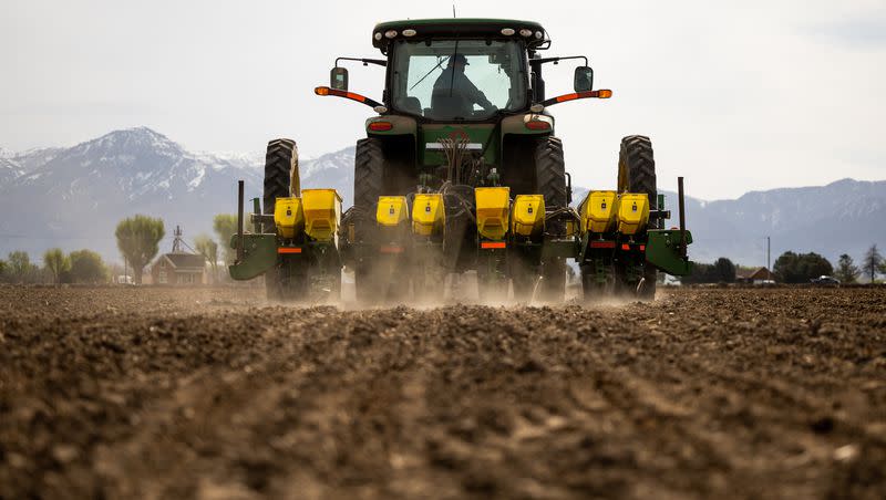 Ron Gibson, owner of Gibson’s Green Acres and president of the Utah Farm Bureau, drives a tractor while planting a field with corn in Ogden on Thursday, May 4, 2023.