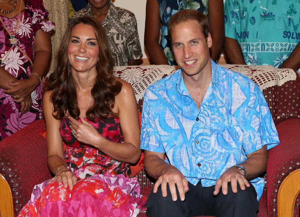 Catherine, Duchess of Cambridge and Prince William, Duke of Cambridge pose in traditional Island clothing as they visit the Governor General's house on their Diamond Jubilee tour of the Far East on September 16, 2012 in Honiara, Guadalcanal Island. Prince William, Duke of Cambridge and Catherine, Duchess of Cambridge are on a Diamond Jubilee tour representing the Queen, taking in Singapore, Malaysia, the Solomon Islands and Tuvalu. (Photo by Chris Jackson/Getty Images)