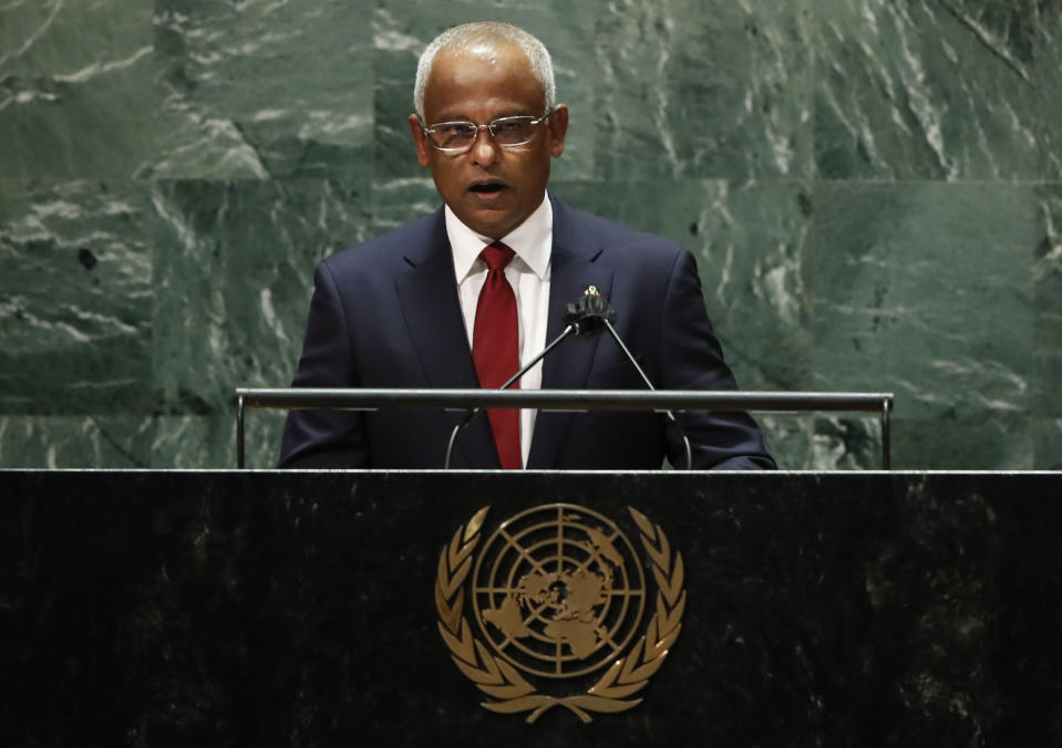 Maldives' President Ibrahim Mohamed Solih addresses the 76th Session of the U.N. General Assembly at United Nations headquarters in New York, on Tuesday, Sept. 21, 2021. ( Eduardo Munoz/Pool Photo via AP)