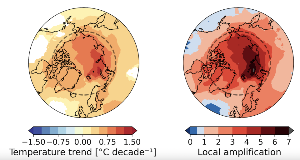 Annual mean temperature trends for the period 1979–2021, derived from the average of the observational datasets. Areas without a statistically significant change are masked out. / Credit: Nature Communications Earth & Environment