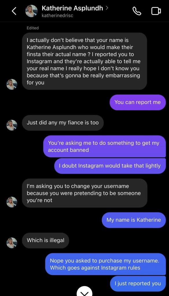 The influencer claimed Kate’s name wasn’t real and she reported the user for it. StringSilly2839/Reddit