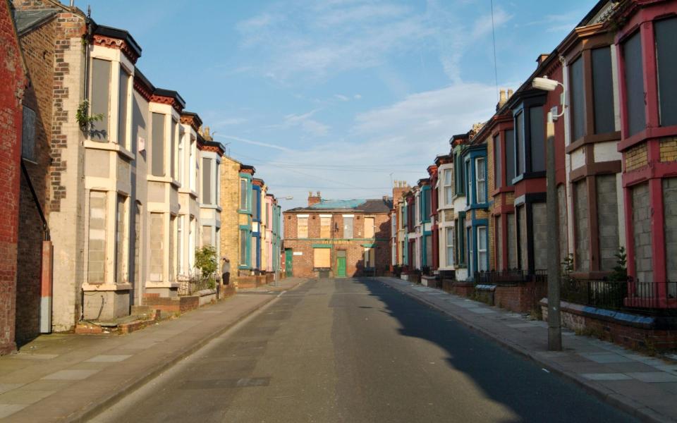 Housing in the Edge Hill district of Liverpool boarded up in preparation for demolition.